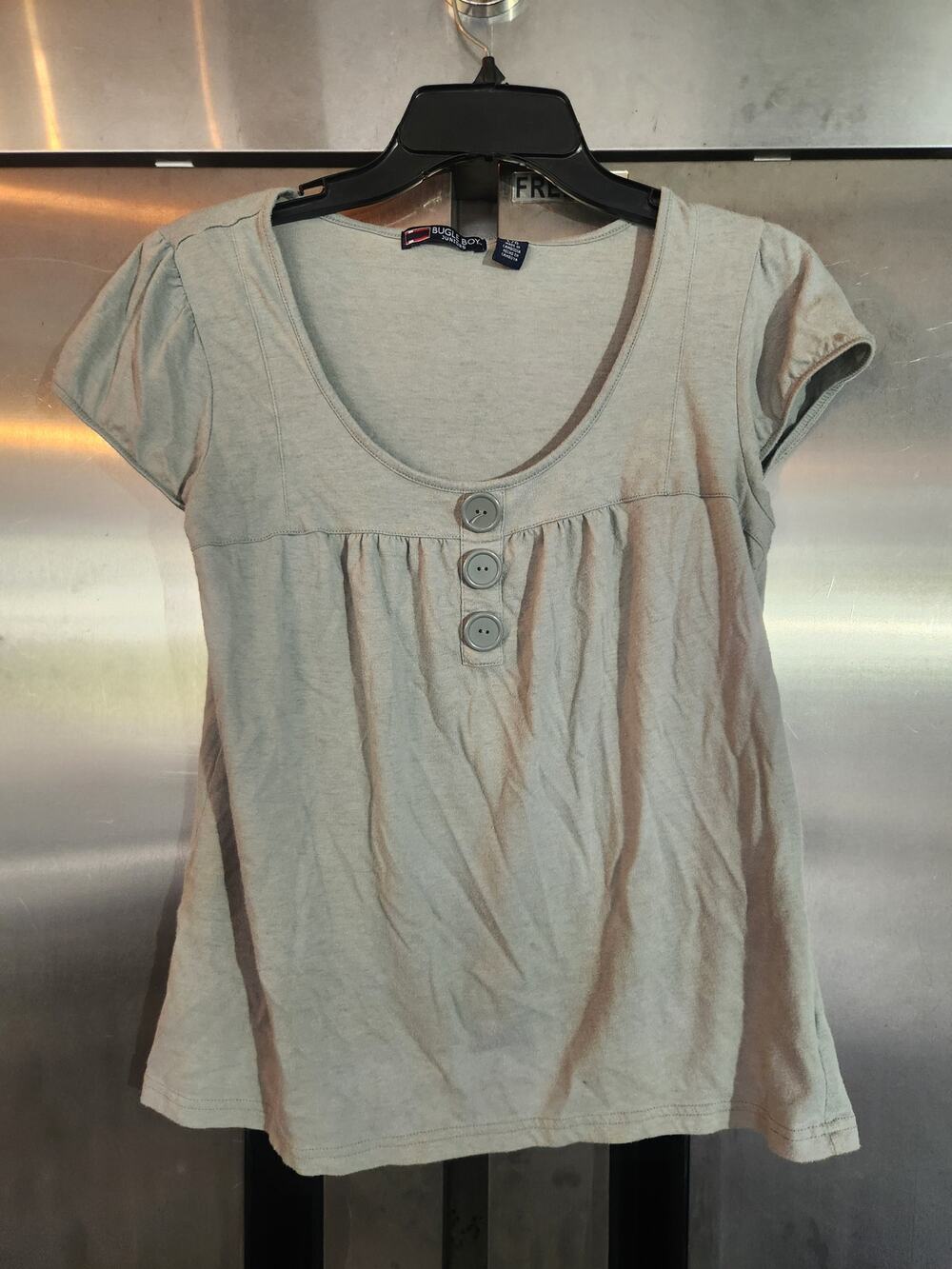 Bugle Boy Juniors Babydoll Top L Gray Cap Sleeve Scoop Neck Button Placket Tee